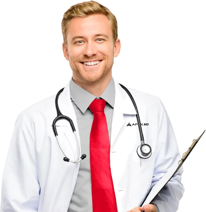 Apex MD provider with a stethoscope and chart