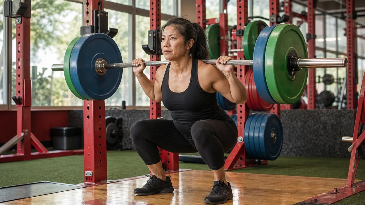 A woman around 50 squatting a loaded barbell in a Defined Fitness squat rack