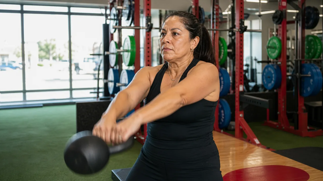 A woman around 50 powering through kettlebell swings at Defined Fitness